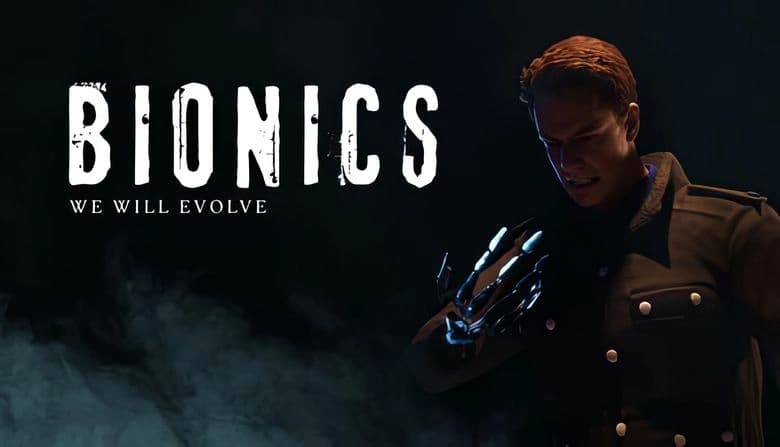 Bionics: Young man with robotic hand stands in shadows, wearing dark coat, surrounded by smoke in dimly lit setting.