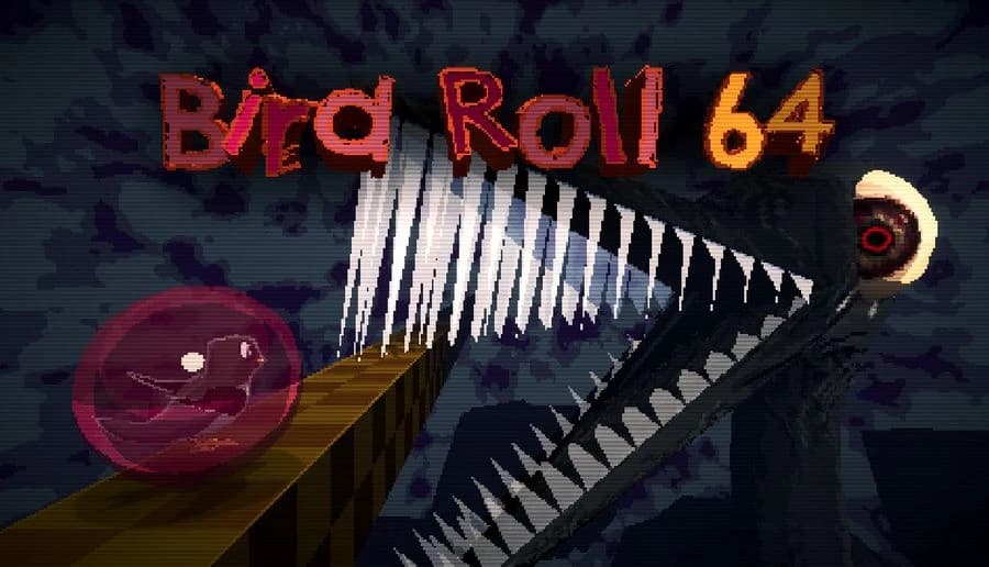 Bird Roll 64: Red bird in a glass ball rolls along narrow blocks toward giant teeth and a staring eyeball in dark sky.