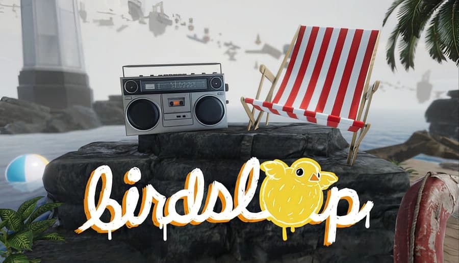 Birdslop: yellow bird doodle beside cursive title on rocky ledge with boombox and striped deck chair at beach.