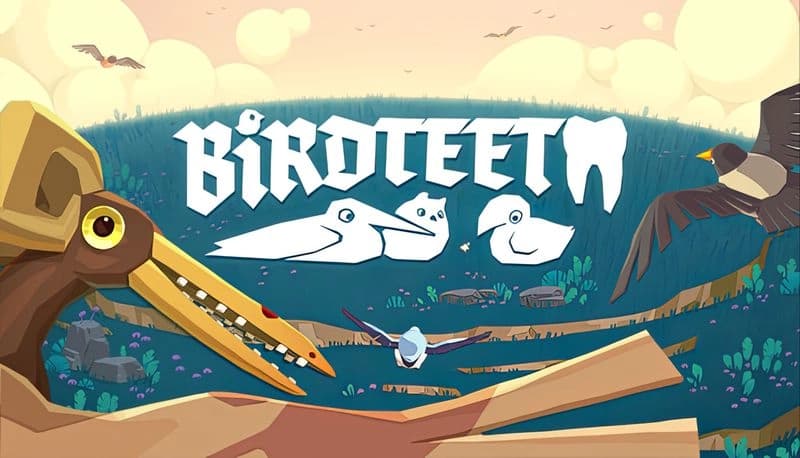 Birdteeth: Three cartoon birds fly over a grassy landscape with distant hills and a clear sky, surrounded by floating feathers.