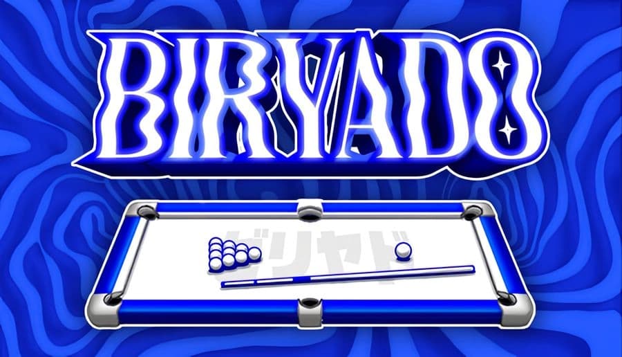 Biryado: Billiards table with racked balls, cue stick, and a single ball on blue patterned background.