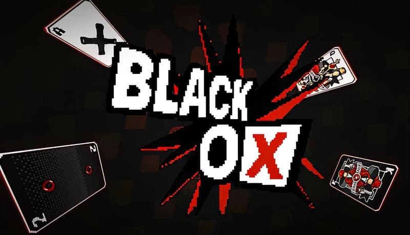 Black OX: Cards with red and black designs surround bold text on a dark backdrop, showcasing a dynamic card-themed visual.