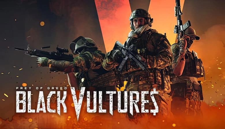 Black Vultures: Armed soldiers in tactical gear stand alert amid fiery debris, ready for action in a war-torn landscape.