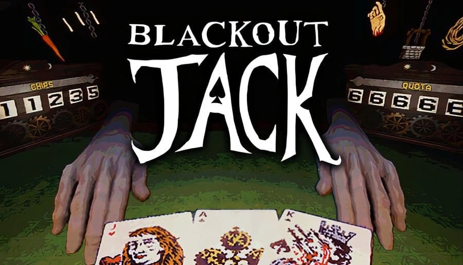 Blackout Jack: Dealer’s pale hands hover over playing cards and chips on green felt table under dim torchlight.