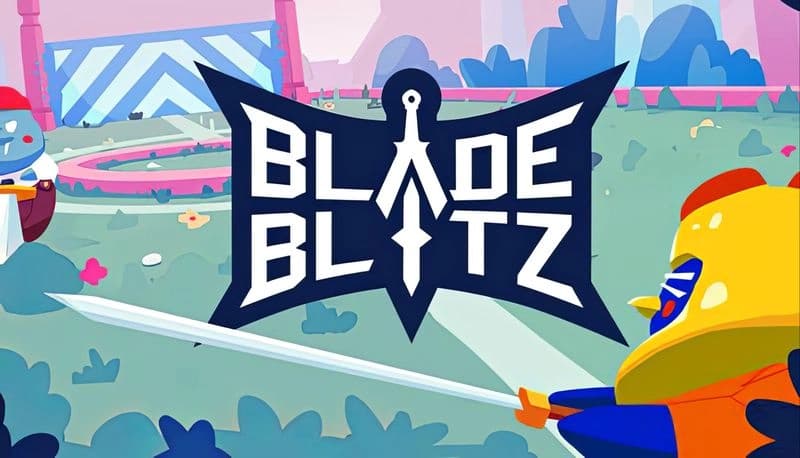Blade Blitz: Two cartoon warriors clash swords in a colorful field with trees and geometric structures in the background.
