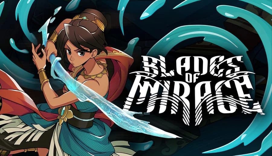 Blades of Mirage: young woman swings a glowing water blade, teal wave curling behind her on black backdrop.