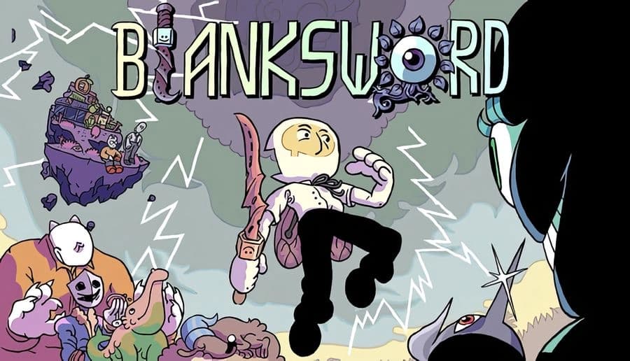 Blanksword: Cartoon angel in ragged armor raises a fist beside smiling sword, with lightning bolts and dark clouds.