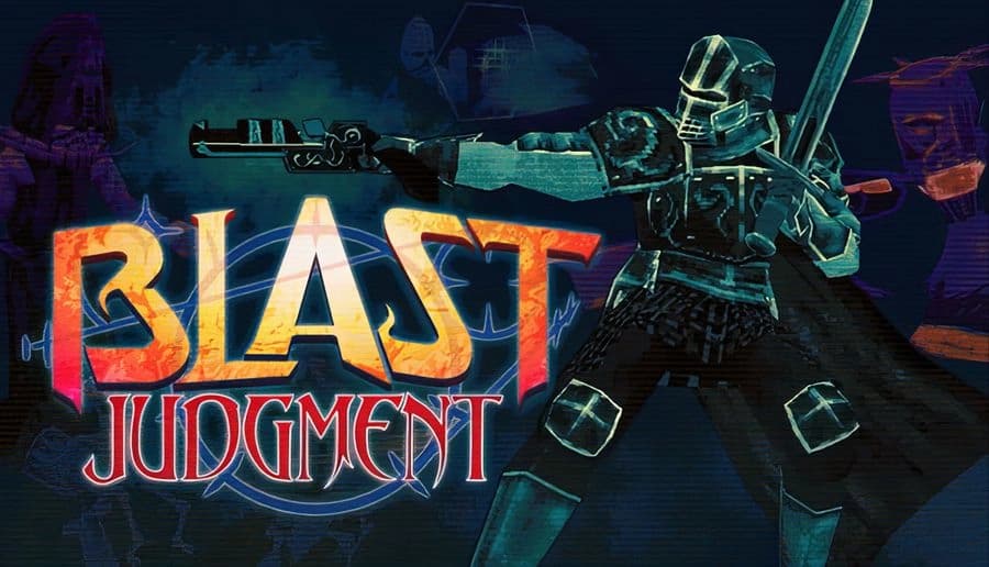 Blast Judgment: armored skeleton firing a flaming rifle beside large title letters on a dark blue, glitchy backdrop.