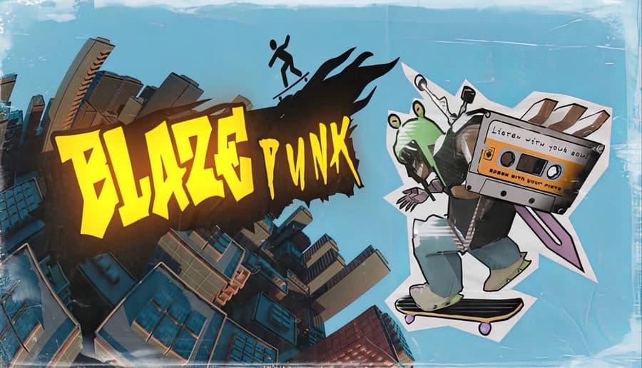 BlazePunk: green-hooded skateboarder rides with huge cassette boombox backpack above slanted city rooftops sky.