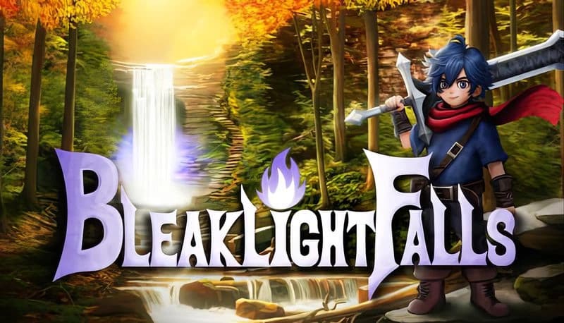 Bleaklight Falls: Young boy with sword in forest setting, waterfall glows in sunlight, autumn leaves create vivid backdrop.