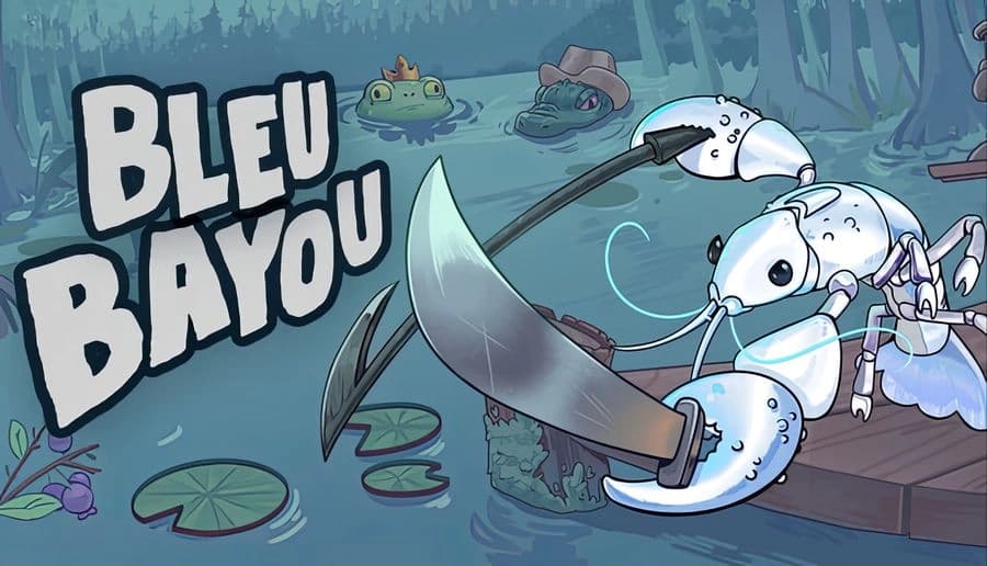 Bleu Bayou: White crawdad swings a huge scythe at another crawdad above lily pads in a flooded bayou casino town.