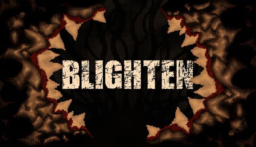 BLIGHTEN: Cracked white title text on black center, framed by burnt torn paper edges with smoky brown texture.