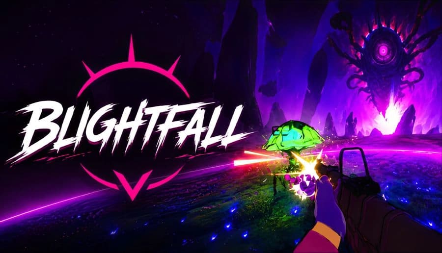 BLIGHTFALL: First-person shooter aims rifle at glowing green alien under laser fire on purple neon wasteland with spires.