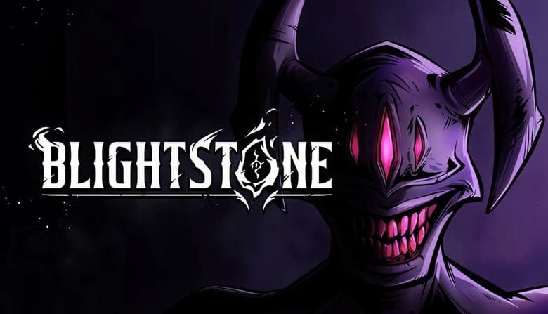 A sinister purple creature with three glowing pink eyes, sharp teeth, and horns grins menacingly in shadowy darkness.