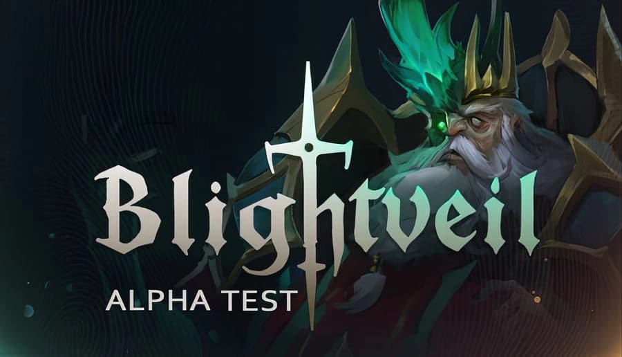 Blightveil: bearded armored king with green flame crown beside the Blightveil title on a dark smoky backdrop.