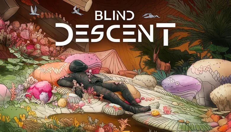 Blind Descent: Armored figure rests among vibrant alien flora in a lush Martian cavern, surrounded by surreal plants.