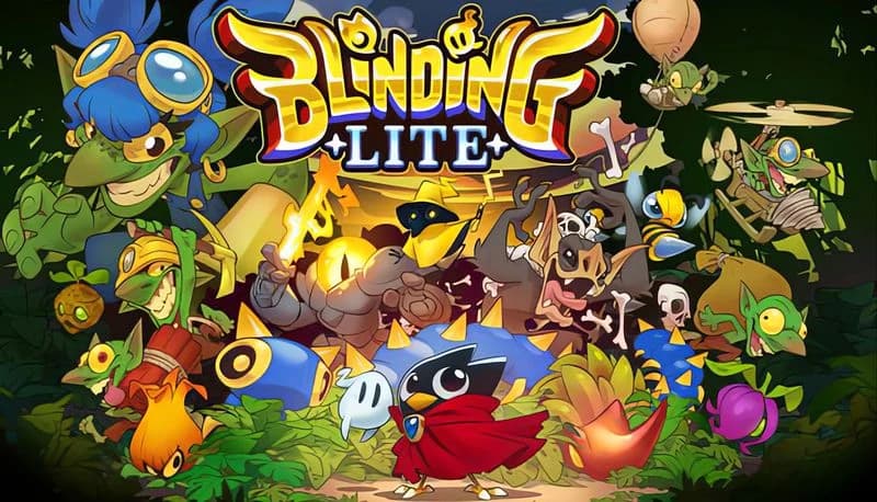 Blinding Lite Demo: Cartoon creatures gather in a vibrant forest setting, with a bird hero in a red cape at the center.