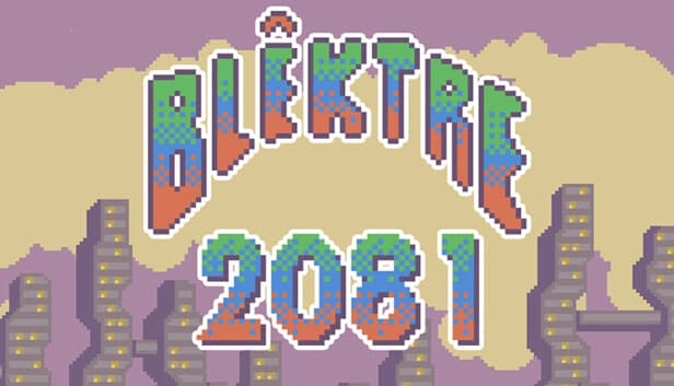Pixel art style with colorful block letters on a pastel sky background. Blocky cityscape below.