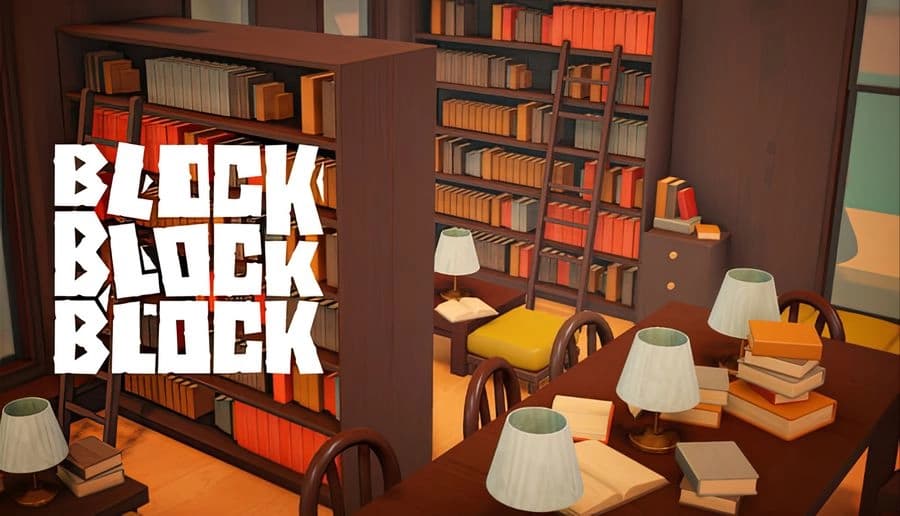 Block Block Block: wooden library diorama with bookshelves, tables, lamps, and chairs in a cozy reading room.