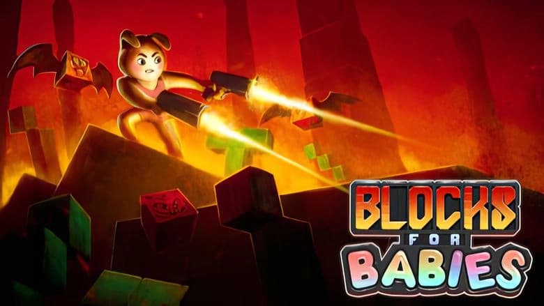 Blocks for Babies: Young rabbit girl with dual shotguns shoots blocks in fiery setting, battling flying creatures amid cubes.
