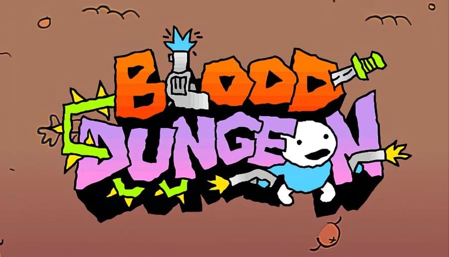Blood Dungeon: Large graffiti-style title with dagger and skull, white cartoon figure flying beside it on brown backdrop.