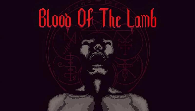 Blood Of The Lamb: Shadowy man screaming upward, surrounded by arcane symbols on dark maroon backdrop in halftone style.