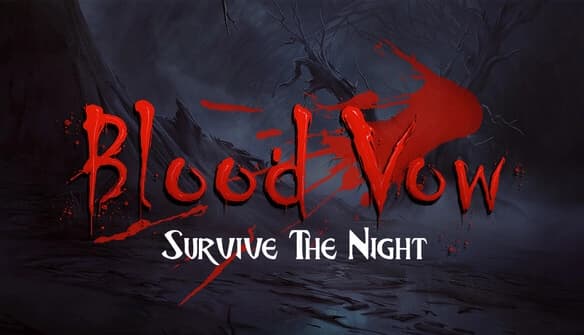 Blood Vow: Dark forest setting under a stormy sky with twisted trees and faint mist creating a mysterious atmosphere.