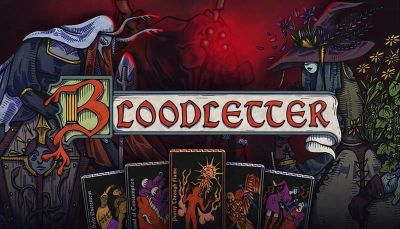 BLOODLETTER: Mysterious cloaked figures with eerie masks in a dark forest, surrounded by glowing, ominous red mist and cards.