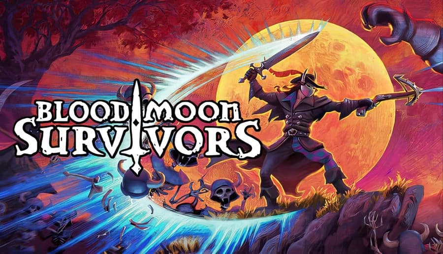 Bloodmoon Survivors: Masked knight with sword and axe fights monsters under a glowing blood moon in a haunted landscape.