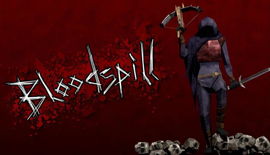 Bloodspill: Hooded fighter raises a bloodstained axe beside scattered skulls against a red splatter background.