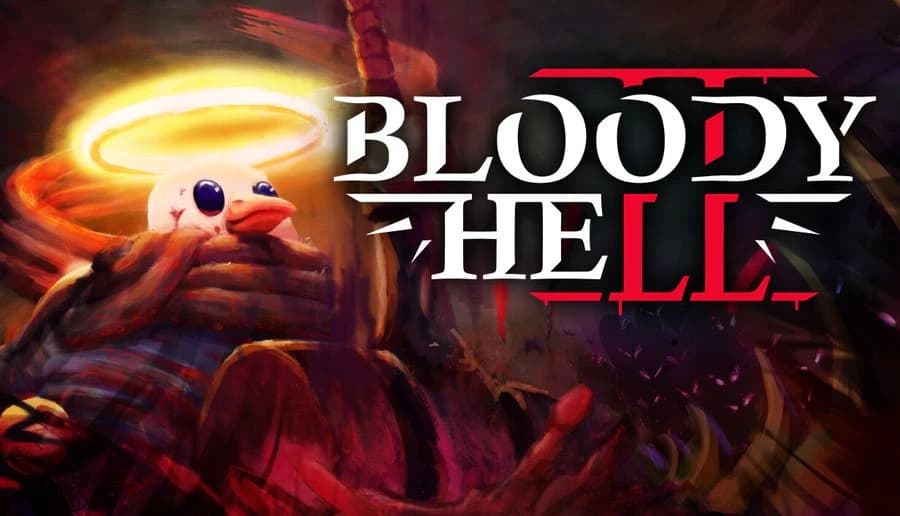 BLOODY HELL 2: Small white bird with glowing halo peers over jagged red rocks in fiery, smoky hellscape backdrop.