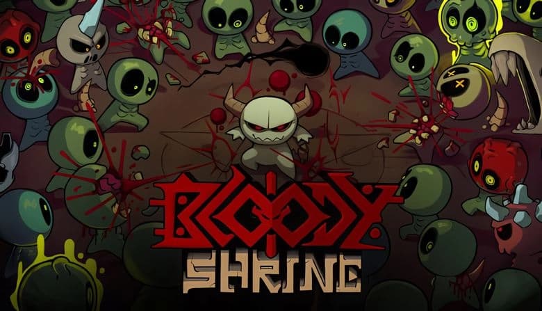 Bloody Shrine: Demonic figure surrounded by ghoulish creatures in chaotic battle, blood splatters on dark cave walls.