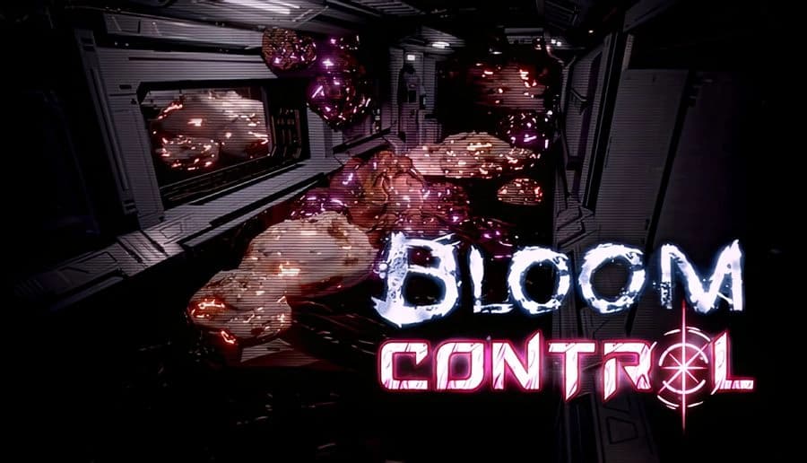 Bloom Control: Glowing pink-purple spores and fleshy growth spread through a dark spaceship corridor with metal panels.
