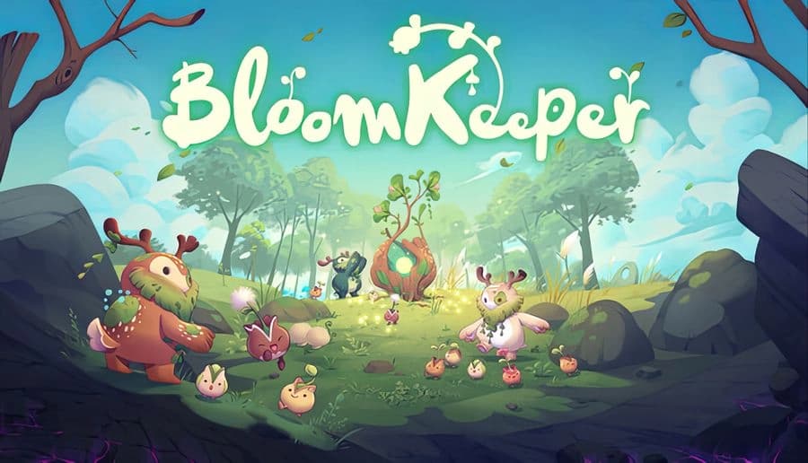 BloomKeeper: cute furry creatures gather around a glowing plant portal in a sunny forest clearing with rocks.