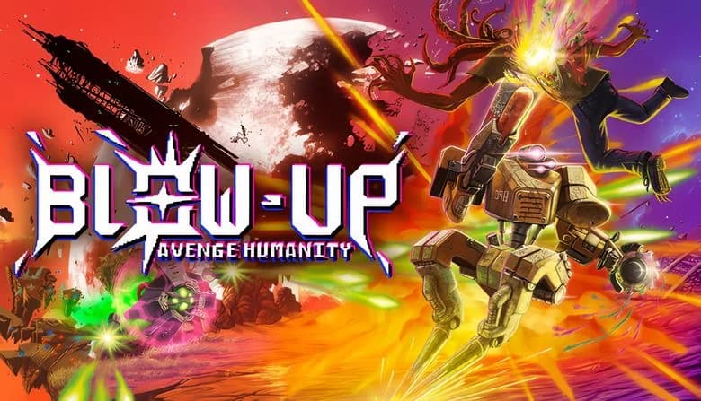 A mechanical robot fires energy beams at an alien humanoid amid a chaotic scene, with a glowing moon in the background.