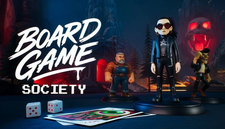 Goth girl in black, muscular man, and 80s guy in a dark forest stand before a cabin and red skull; dice and cards lie ahead.