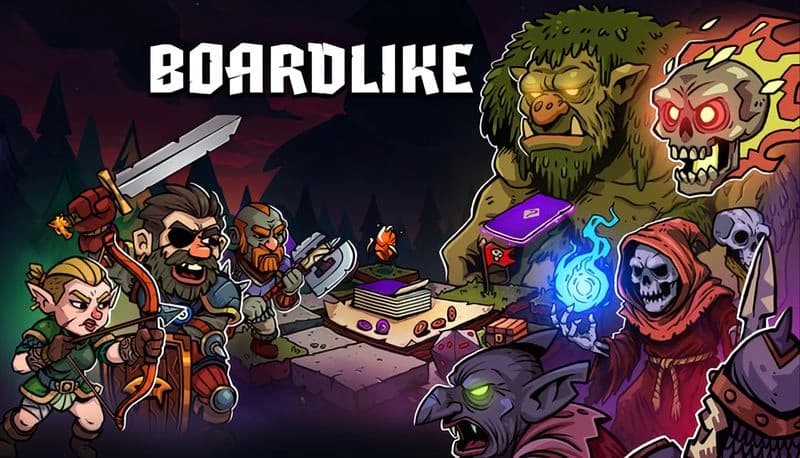 Boardlike: Elf and warrior face ogre, flaming skull, and skeleton in dark forest, with glowing spellbook on stone altar.
