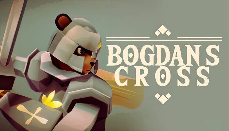 Bogdan's Cross: Armored bear knight wields sword in medieval setting, ready for battle. Geometric art style enhances scene.