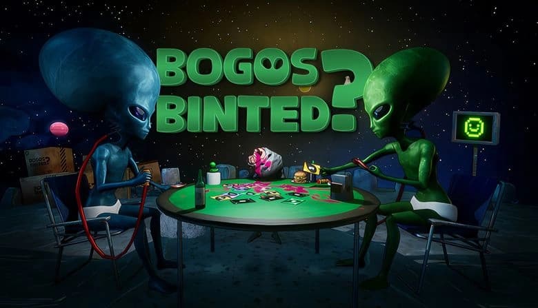 Bogos Binted?: Blue and green aliens play card game at round table in space with floating objects and electronic display.