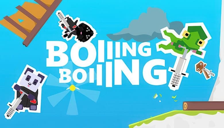 A panda, green frog, and black spider bounce on pogo sticks among clouds and logs, set against a bright blue sky.