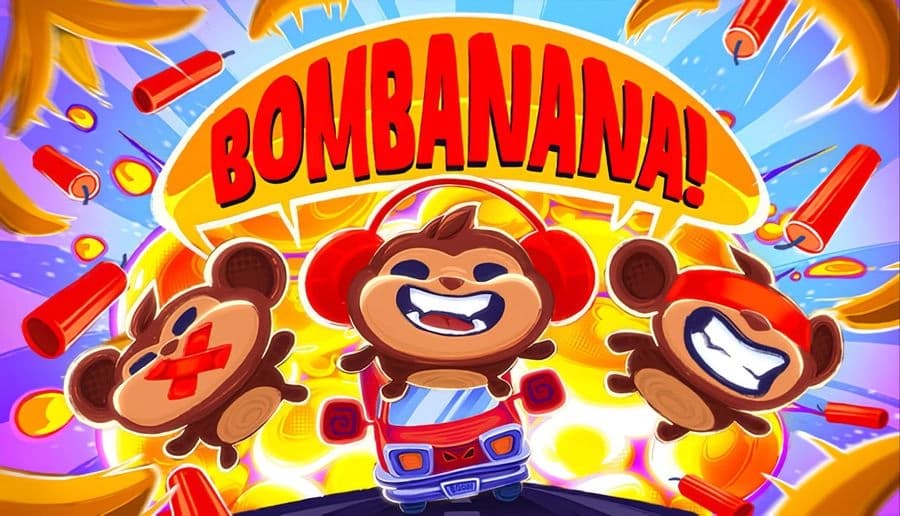 BOMBANANA!: Three cartoon monkeys grin amid exploding bananas and bombs, flying debris, and bright purple backdrop.
