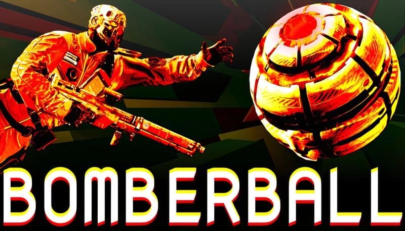 Bomberball: Armored soldier lunges toward glowing explosive orb in a geometric black-and-red backdrop.