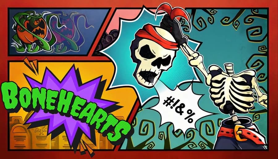 Bonehearts: green title over purple burst; skeleton swings its arm like a club with comic swear bubble, split-panel backdrop.