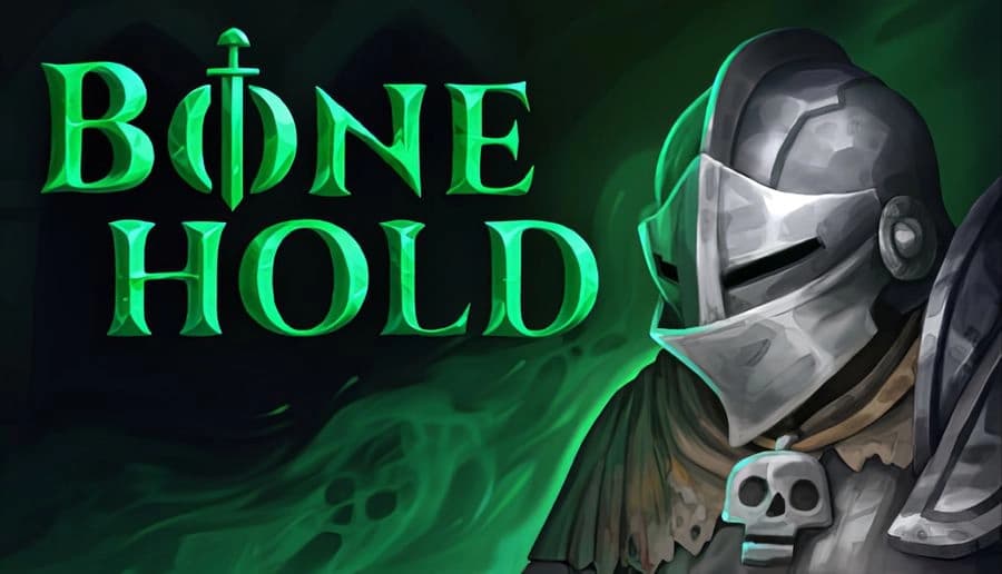 Bonehold: armored knight with skull pendant faces left, green mist swirling behind, dark dungeon-like backdrop.