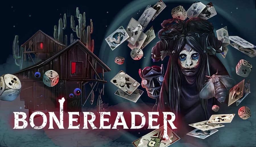 Bonereader: Hooded skeleton-faced figure with blue eyes amid flying playing cards and dice in a dark desert town.