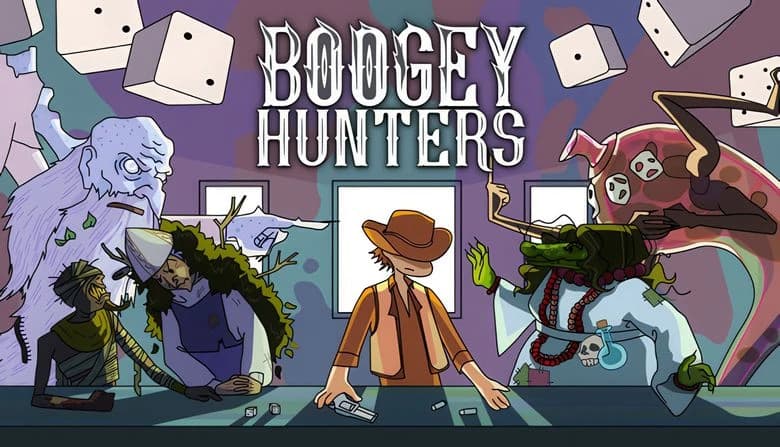 Young cowboy stands at a table with revolver, surrounded by diverse mythical creatures and floating dice, ready for action.
