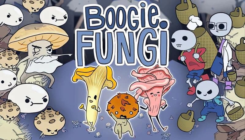 Boogie Fungi: Colorful mushrooms dancing center stage, flanked by angry fungi left and human foragers right, facing off.