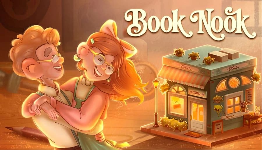 Book Nook: Red-haired woman hugs smiling man in round glasses warm room backdrop, beside small lit storefront model scene.