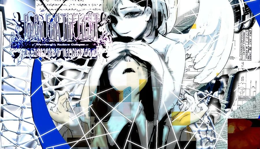 Born for the Light ~Wavelength Radiant Collapse~: Close-up of a pale young woman smiling, abstract blue shards backdrop.