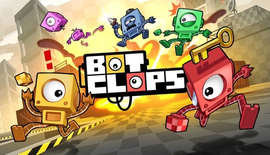 BOTCLOPS: Four one-eyed robots leap around a bold title sign in a factory-like room with hazard stripes and blocks.